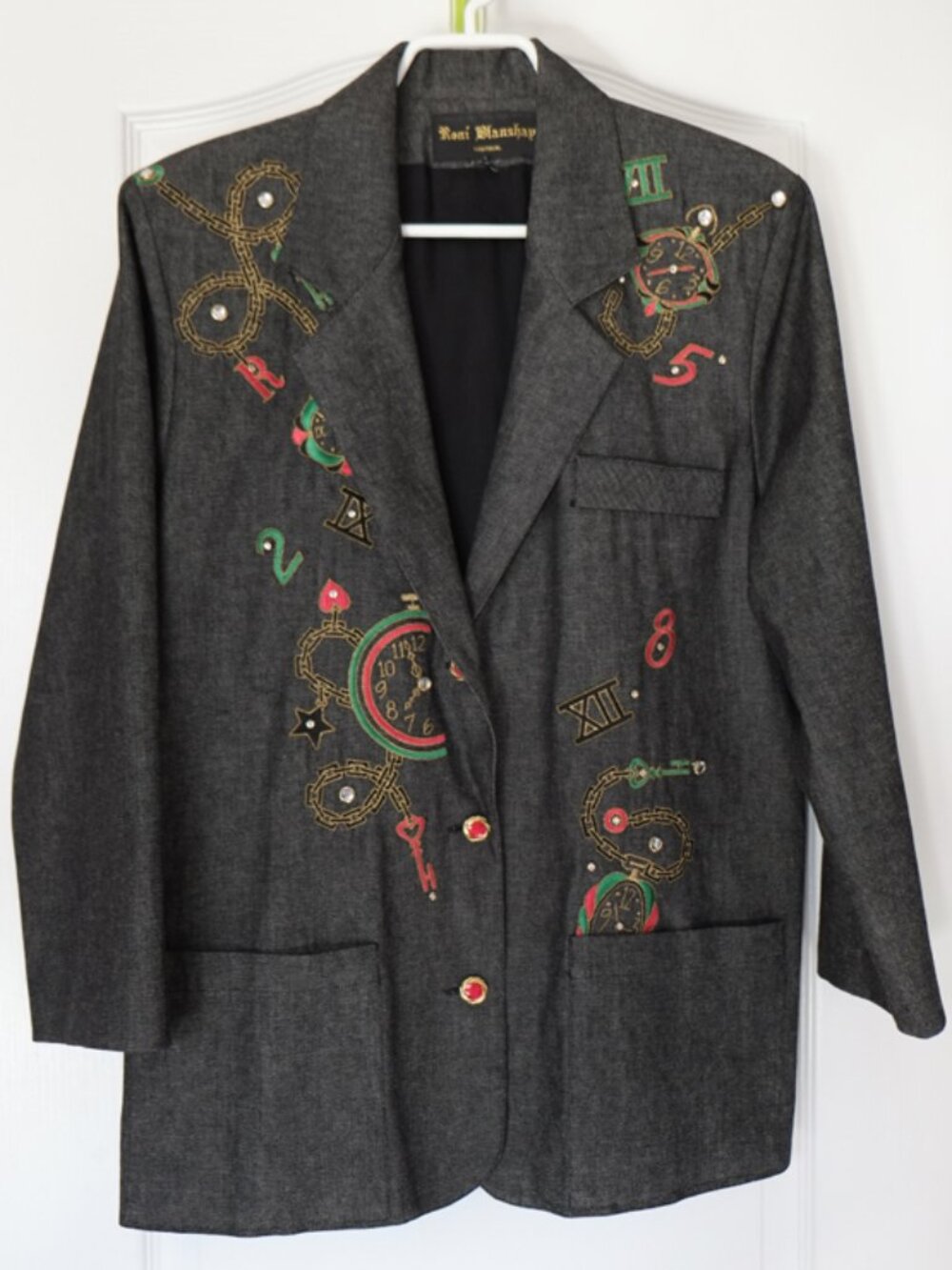 RARE! NEW vintage Roni Blanshay embellished dark grey denim blazer wearable art